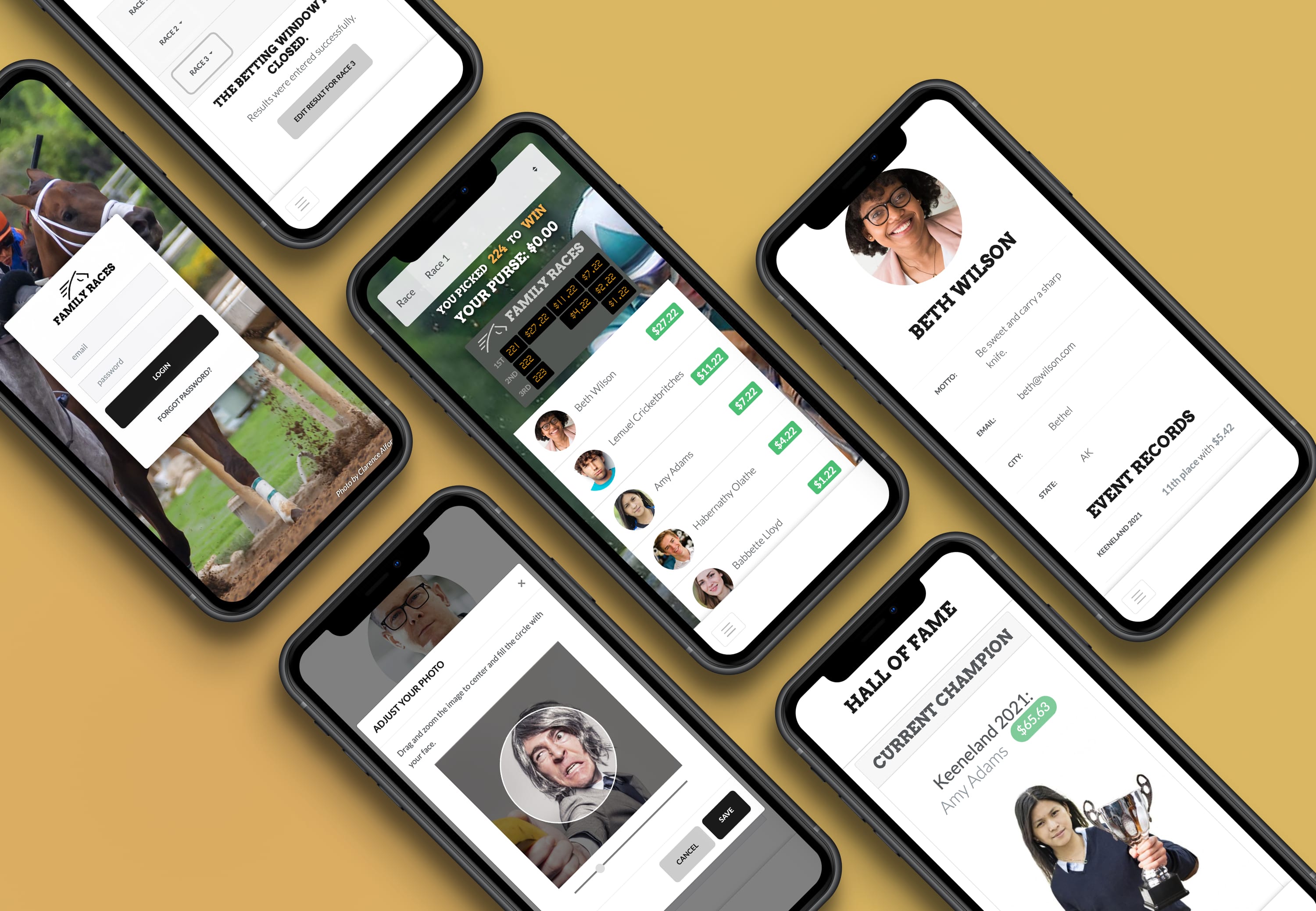 Screen captures of the mobile app arranged in an array
